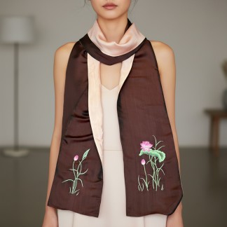 Brown silk scarf hand-embroidered with lotus 25*200 cm